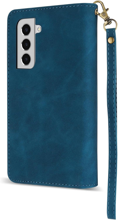 ZZXX for Samsung Galaxy S22 Case Wallet with Card Slot Premium Soft PU Leather Zipper Flip Folio with Wrist Strap Kickstand Protective Case (Blue-...