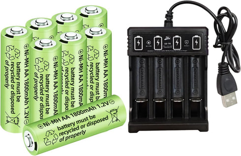 8PCS 1.2V 1800mAh Ni-MH AA Rechargeable Battery with 4 Slot USB Charger for Wireless Microphones, Electric Toys, Remote Mice, Calculators, Razors,...