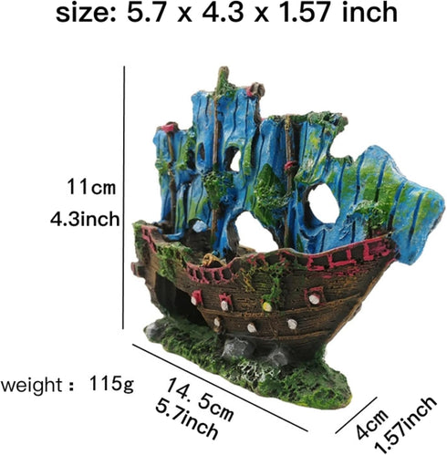 Aquarium Shipwreck Decoration + Little Diver Floating Fish Tank Decoration, Fish Tank Hideout, Fish Tank Ornaments (Blue Shipwreck)...