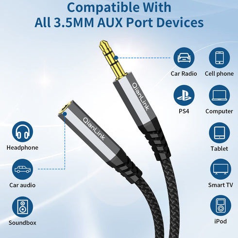 QianLink Headphone Extension Cable, (2-Pack, 6.6ft) 3.5mm Extension Audio Male to Female Aux Adapter Hi-Fi Sound Stereo Extender TRS Cord for Head...