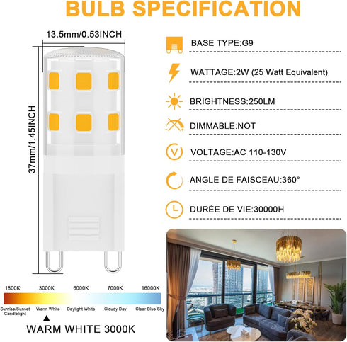 G9 LED Bulbs 2W,2Watt Light Bulb 25W Halogen Equivalent 250LM,120V Mini T4 G9 Base 3000K Warm White,No Flicker, for Bathroom, Vanity, Ceiling Lamp...