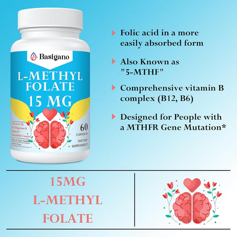 15mg L Methylfolate (5-MTHF)- Active Folic Acid-Enriched with Vitamins B6 and B12-60 Vegetarian Capsules - Non-GMO, Gluten-Free...