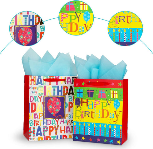 2-Pack 12.6" Large Happy Birthday Gift Bags for Birthday Party with Tissue Paper...