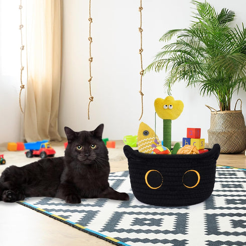 Small Storage Basket, Black Cat Cotton Rope Baskets Woven Blasket for Nursery, Blanket Basket Organizer With Ears Baby Toy Storage Basket for Gift...