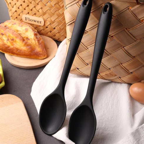 2PCS Black Silicone Spoons, Heat Resistant Spoons Silicone Cooking Spoon for Kitchen Cooking Serving Baking Stirring...