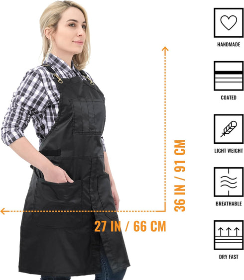 Under NY Sky Cross-Back Panther Black Apron – Coated Twill with Leather Reinforcement and Split-Leg – Adjustable for Men and Women – Pro Barber, T...