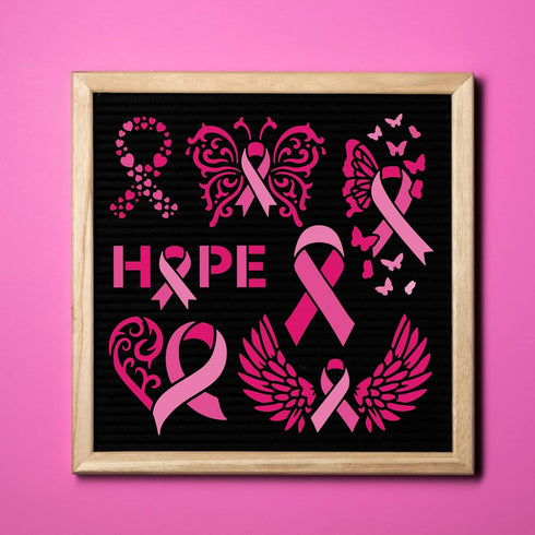 BENECREAT Ribbon Pattern Plastic Painting Stencils Templates, 12x12 inch Ribbons Wings Butterflies Heart Breast Cancer Prevention Theme Stencils f...