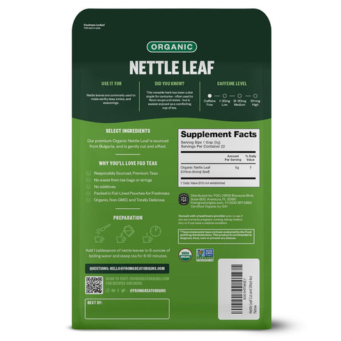 FGO Organic Nettle Leaf Loose Tea, Cut and Sifted, Caffeine Free, 4oz Resealable Bag, Packaging May Vary (Pack of 1)...