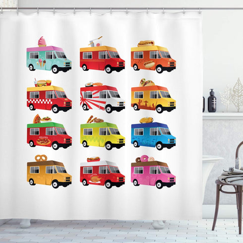 Ambesonne Truck Shower Curtain, Ice Cream Doughnut Burgers Pizza Sushi Hotdog Colorful Food Truck Illustration, Cloth Fabric Bathroom Decor Set wi...