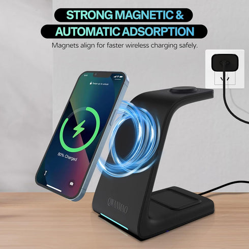 3 in 1 Magnetic Wireless Charger Station for Apple Devices with 30W QC3.0 Adapter 7.5W/15W Fast Charging for iPhone12/13/14/15/Pro/Pro Max/Plus/Mi...
