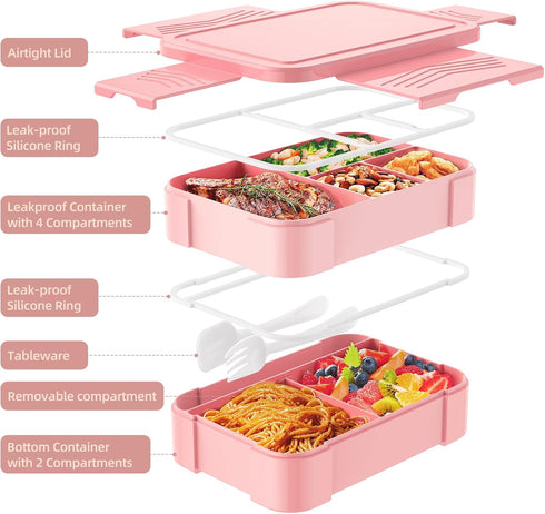 Bento Box Lunch Containers for Kids, Adult - Stackable Lunch Box with Utensil Set & 7 Compartments, 50oz/1500ml, 100% Leak-proof, BPA-free, Microw...