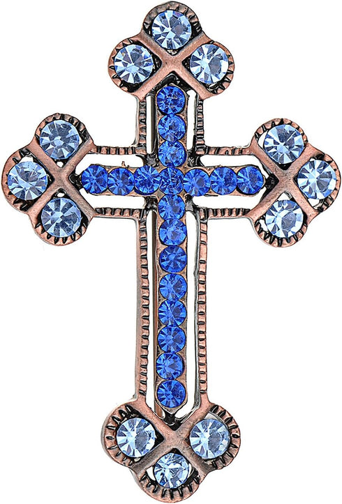 Alilang Copper Tone Sapphire Blue Colored Rhinestones Holy Cross Brooch Pin...