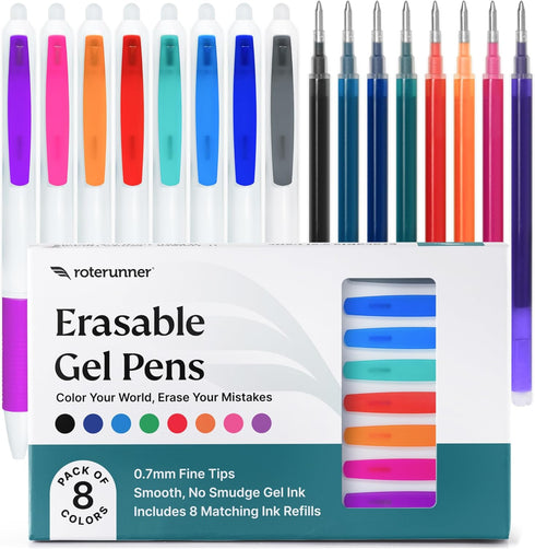 8 Multicolor Erasable Gel Pens + 8 FREE Ink Refills 0.7mm Retractable Fine Point Smooth Planner Pens Eraser Pen for Coloring Best Erasable Pens fo...