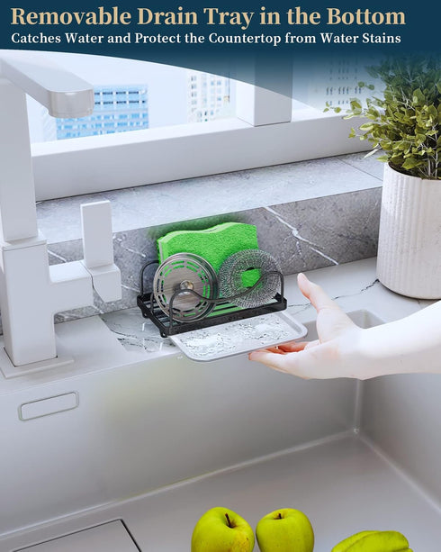 Consumest Sponge Holder for Kitchen Sink, Movable Sink Caddy for Countertop Organizer, 304 Stainless Steel Sink Sponge Holder with Detachable Drip...