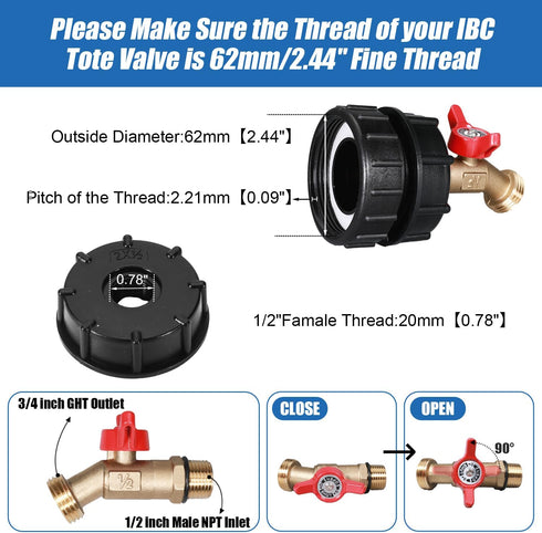 IBC Tote Adapter, 275-330 Gallon ibc tote fittings 2.44" Fine Thread Tote Valve Lead-Free Brass Hose Faucet Valve Tool with Ball Valve for Garden ...