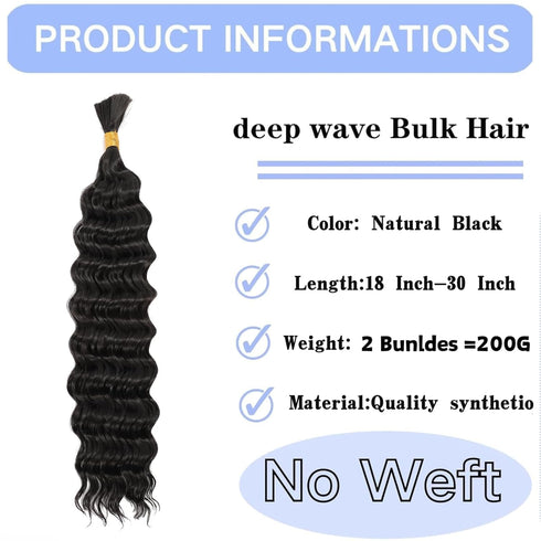 Deep Wave Bulk hair 22Inch 1Pack No Weft Deep Wave Bulk Hair for Braiding Wet and Wave Quality Synthetic Braiding Hair Extensions for Boho Braids ...