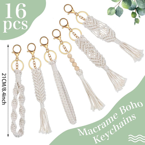 Junkin 16 Pack Mini Macrame Keychains Cute Boho Macrame Bag Charms Handcrafted Aesthetic Boho Car Accessories Boho Keychain for Women Tassel Keych...