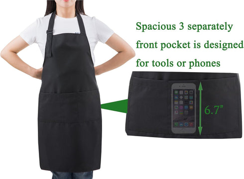 Black Professional Resist Water Adjustable Extra Long Bib Apron 3 Pockets Home Kitchen Garden Restaurant Cafe Bar Pub Bakery for Cooking Chef Bake...
