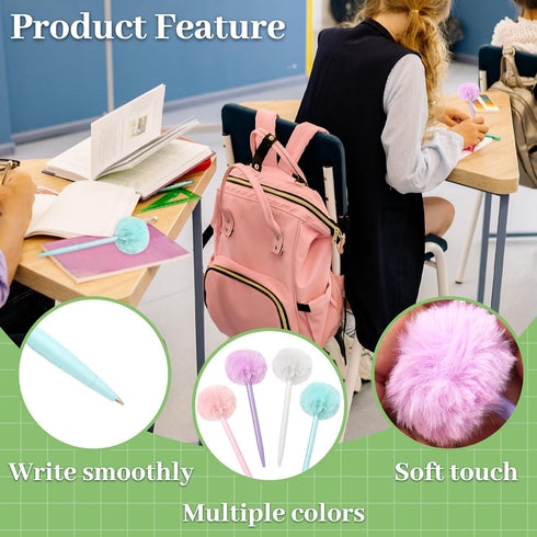 Pom Pom Ballpoint Pen 4 Pieces Fluffy Ball Pens Cute Kawaii Pen Black Gel Ink Ballpoint Pens for Office School Supply, Purple, Green, Pink, White...