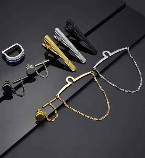 Tornito 9Pcs Tie Clips Tie Ring for Men Square CZ Tie Tacks Clutch with Chain Necktie Silver Black Gold Tie Clips Link Chain for Wedding Meeting B...