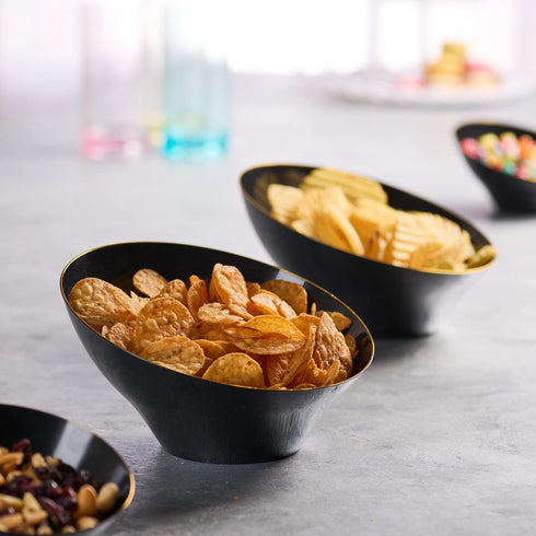 PLASTICPRO Angled Plastic Bowls Disposable Medium Plastic Black Serving Bowls with Gold Rim for Party for Appetizer Salads Pack of 4...