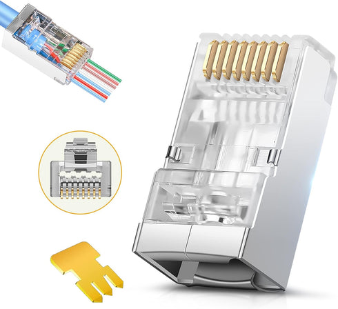 Shielded RJ45 Cat6 Cat 6A Connectors - Pass Through Connector Gold Plated 3 Prong 8P8C Modular Plugs for FTP/STP Stranded Ethernet Cable & Solid W...