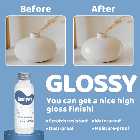 Clay Varnish for Air Drying Clay, 100ML Gloss Finish Air Dry Clay Glaze, High Gloss & Waterproof, and Scratch Resistant, Design for Air Dry Clay P...