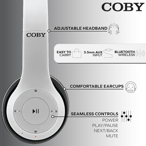 Coby Bluetooth Headphones, Wireless Headphones with Mic Built-in, AUX, Hands-Free Calling | Over-The-Ear Foldable Headset, Rechargeable | 5-HR Pla...