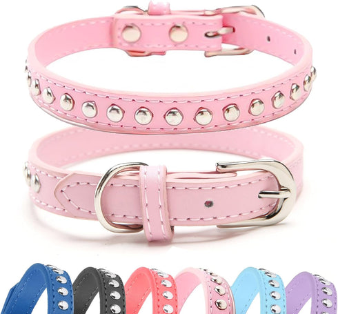 BINGPET Dog Leather Collar, Adjustable Dog Real Split Leather Studded Pet Collar, Durable Doggy Collars for Small Medium Large Dogs, Pink S...