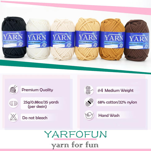 6 Pack Beginners Crochet Yarn Brown Khaki Beige Black White Cotton Crochet Yarn for Crocheting Knitting Beginners with Easy-to-See Stitches Mini C...