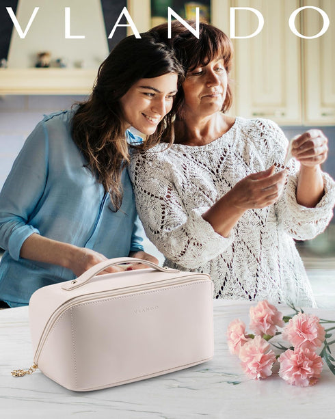 Vlando Travel Makeup Bag,PU Leather Portable Make up Bag Toiletry Bag for Women Open Flat Makeup Organizer with Divider and Handle White...