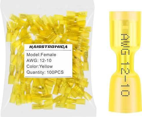haisstronica 100pcs Yellow Heat Shrink Female Spade Connectors,12-10 Gauge Insulated Electrical Crimp Wire Terminals...