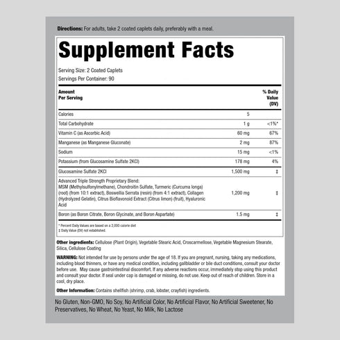 Piping Rock Glucosamine Chondroitin with Turmeric & MSM | 180 Caplets | Triple Strength | Non-GMO, Gluten Free Supplement...
