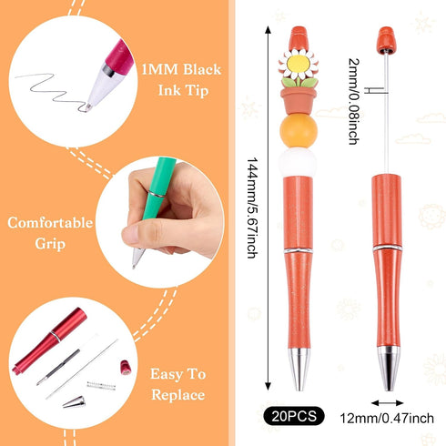 Beadthoven 20pcs Plastic Beadable Pen, Bead Ballpoint Pen Shaft Black Ink Bead Pens for DIY Pen Decorations Supplies Office School Halloween (Oran...