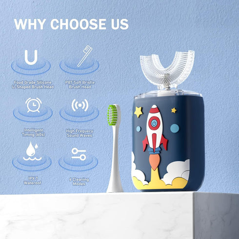 Kids U Shaped Electric Toothbrush with 4 Brush Heads, Cartoon Sonic Automatic Toothbrush with 6 Cleaning Modes, 360-Degree Cleaning, IPX7 Waterpro...