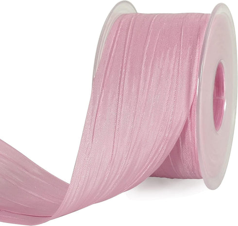 TONIFUL 2 Inch x 25 Yards Wide Pink Crinkled Ribbon Silk-Like Wrinkled Ruffled Woven Solid Ribbons for Crafts Floral Bouquets Rustic Wedding Decor...
