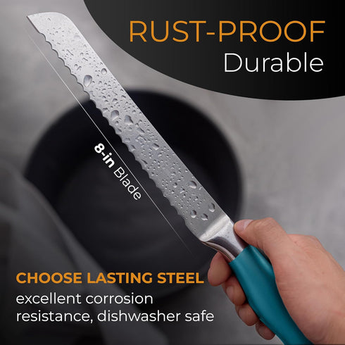 Orblue Serrated Bread Knife Ultra-Sharp Stainless Steel Professional Grade Bread Cutter - Cuts Thick Loaves Effortlessly - (8-Inch Blade with 5-In...