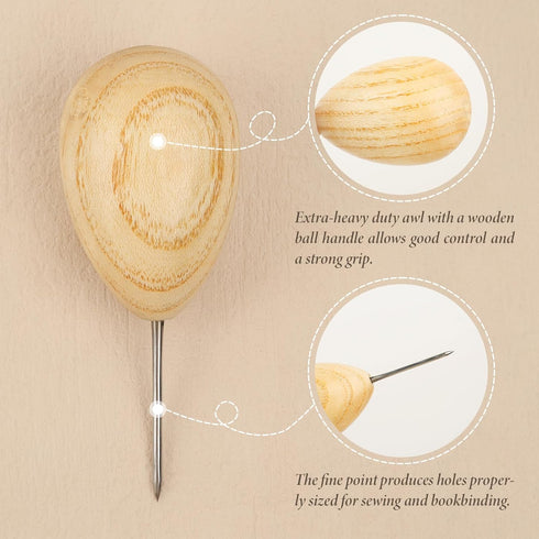 Lineco Wooden Ball Handle Awl. Extra-Heavy Duty, Comfortability and Good Control, Thin Point for Sewing...