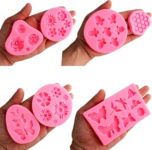 Silicone Mold Flower 8pcs Chocolate Fondant Polymer Clay Candy Gummy Mold,Rose Leaf Butterfly Bee Honey Shaped Silicone Molds for DIY Cake Cupcake...