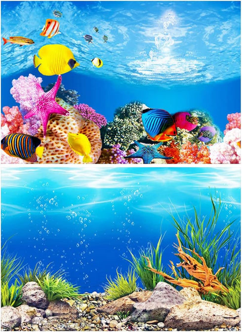 Aquarium Background, Double Sides Fish Tank Backdrop Decoration Paper Cling Decals Sticker Pictures (A, 11.8" x 24.5")...