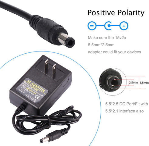 15V 2A Power Supply Adapter - COOLM AC 100-240V 50-60hz DC 15 Volt 2 amp 30W Charger Transformer Interface Size 5.5x2.5mm 15V/2A 2000mA...