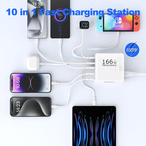 166W GaN10-Port USB C Charging Station PD20W QC18W Fast Charging Wall Charger for iPhone 15/14/13/12/11 iPad Samsung Pixel 5FT Extension Cord Whit...