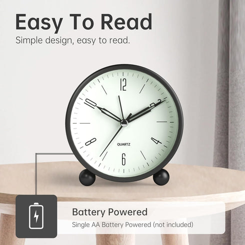 Analog Alarm Clock, 4 inch Super Silent Non Ticking Small Clock with Night Light, Battery Operated, Simple Design, Old Fashioned Style Black Decor...