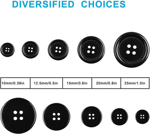 100 Pcs Premium Mixed Resin Sewing Buttons, ONEHERE Eco-Friendly 4-Hole Craft Buttons, 5 Sizes of Black Buttons Suitable for Sewing, DIY and Holid...