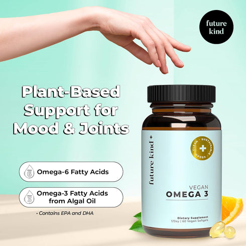 Future Kind Vegan Omega 3 Supplement (2 Month Supply) - Glass Bottle & Carrageenan-Free Algae Omega 3 Supplements for Joint, & Mood Support - DHA ...