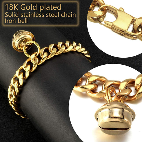 18K Gold Cat Dog Collar Kitten Puppy 1/2inch 12mm Wide Stainless Steel Kitten Choker Curb Chew Proof Cuban Link Chain with Bell (Neck Fit 6"-8") (...