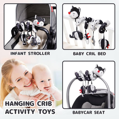 Koty Car Seat Toys, Infant Baby Spiral Plush Activity Hanging Toy for Stroller Bar Pram Crib with Music Box BB Squeaker & Rattles(Black Fox)...