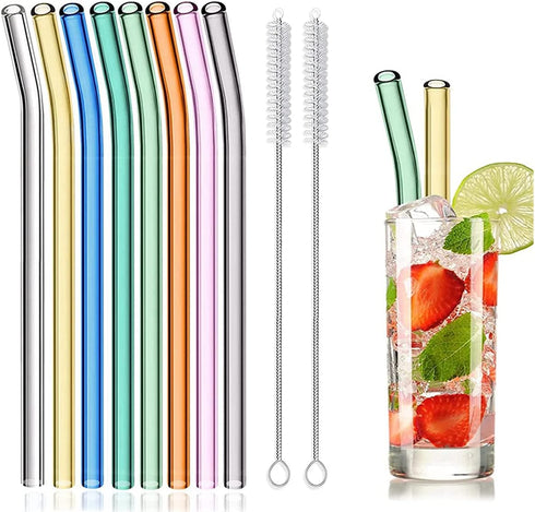 8 Pcs Reusable Glass Straws, 8"x8mm Eco-friendly Drinking Straws for Smoothies, Milkshakes, Tea, Juice, Cocktails - Multi-Color Mixed (8Pcs Bent)...