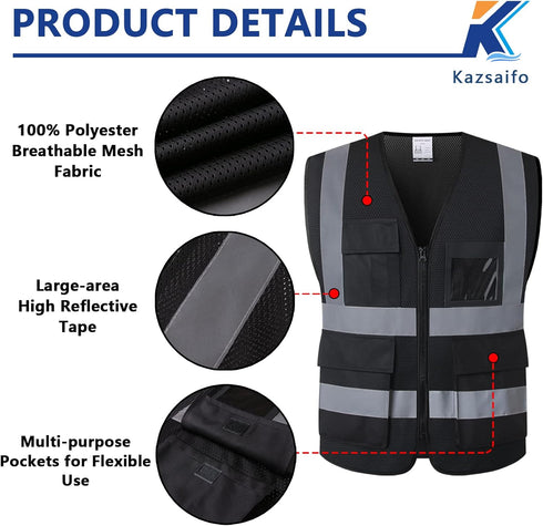 Reflective Safety Vest for Men Women with 8 Pockets and Zipper High Visibility Mesh Construction Work Vest Meets ANSI/ISEA Standards (KZ170-Black,...