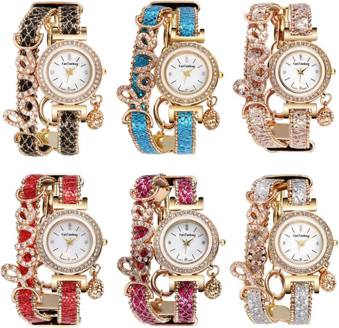 CdyBox Women Wholesale 6 pack Love Printed Bracelet Watches Set Lot Diamond Wrap Around Cuff Quartz Wrist Watch for Ladies Girls...